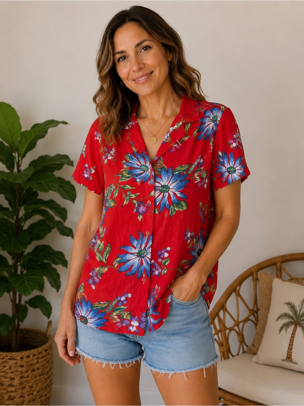 Vintage California Shipment Red Tropical Floral Hawaiian Blouse